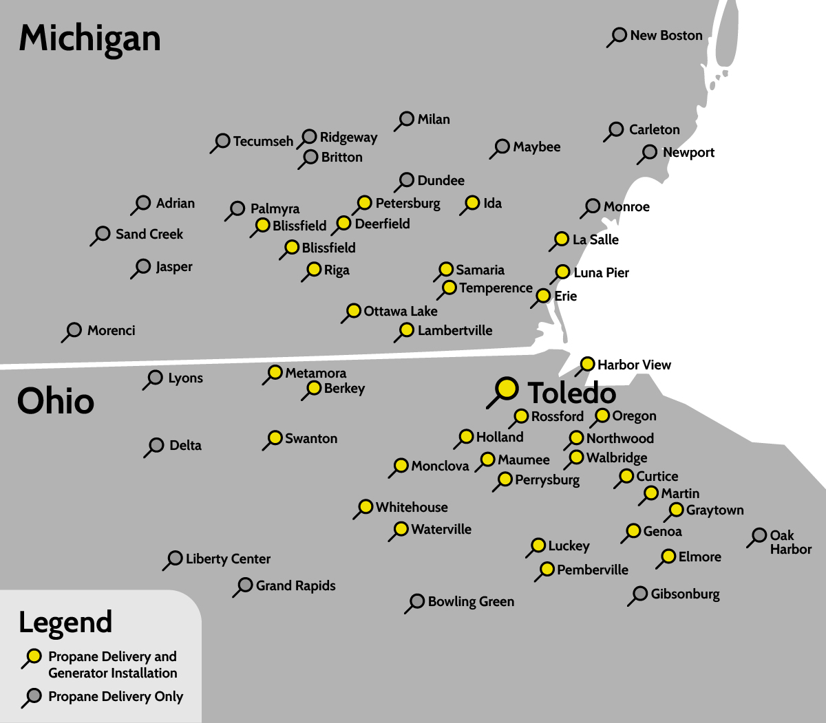 Michigan and Ohio service area map